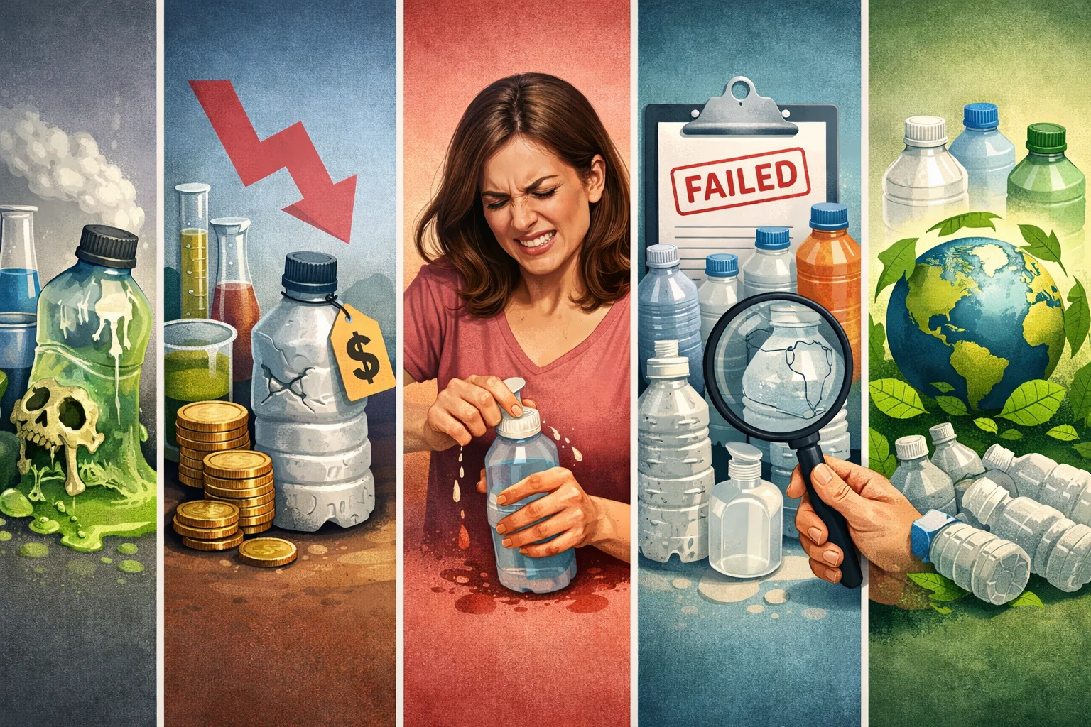 A person looking frustrated at a table of mismatched bottles and products