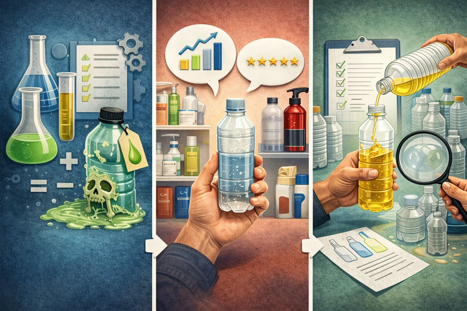 A person methodically comparing three different cosmetic bottles with a checklist