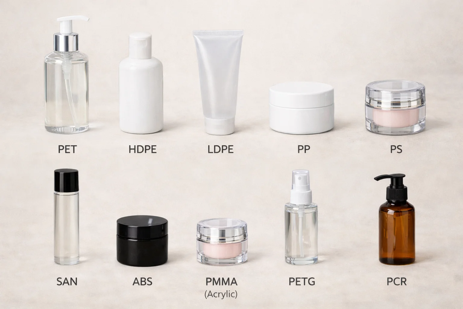 An array of cosmetic products showing different plastic types