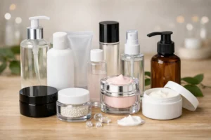 Assorted skincare and beauty products in jars, pumps, and spray bottles displayed on a wooden surface with a blurred leafy background.