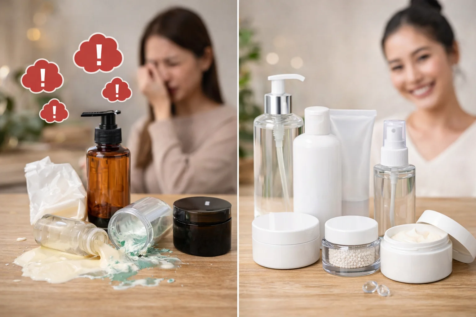 A leaking cosmetic bottle next to a perfect one