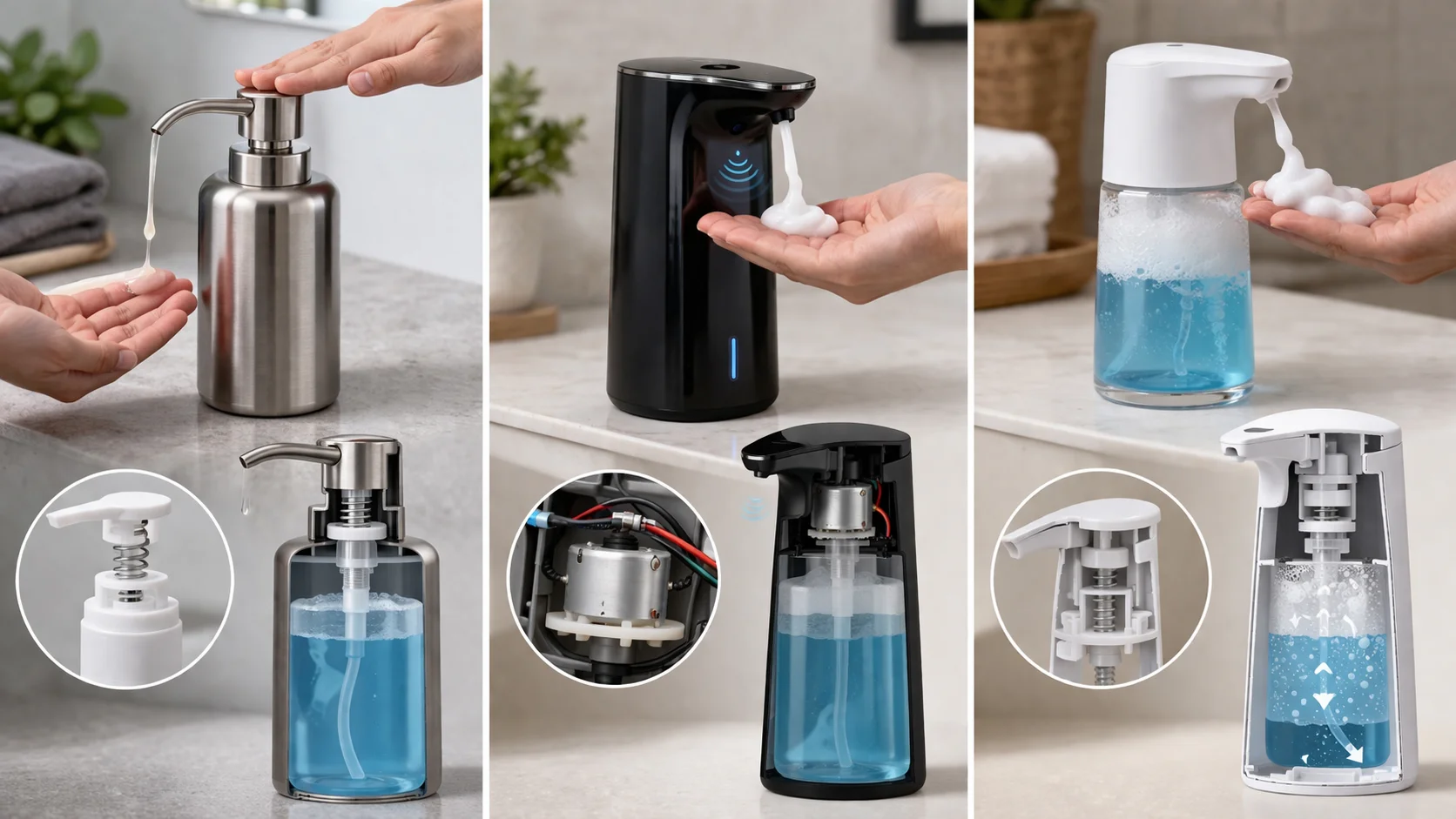 Manual, automatic, and foaming soap dispensers side-by-side
