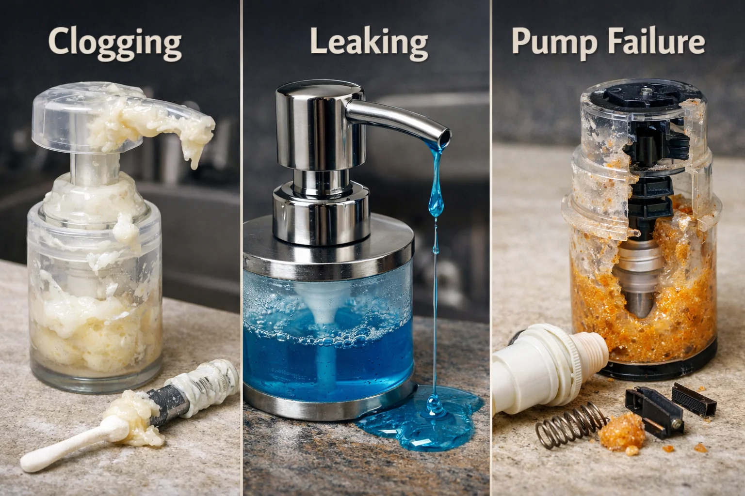 A leaking soap dispenser dripping onto a counter