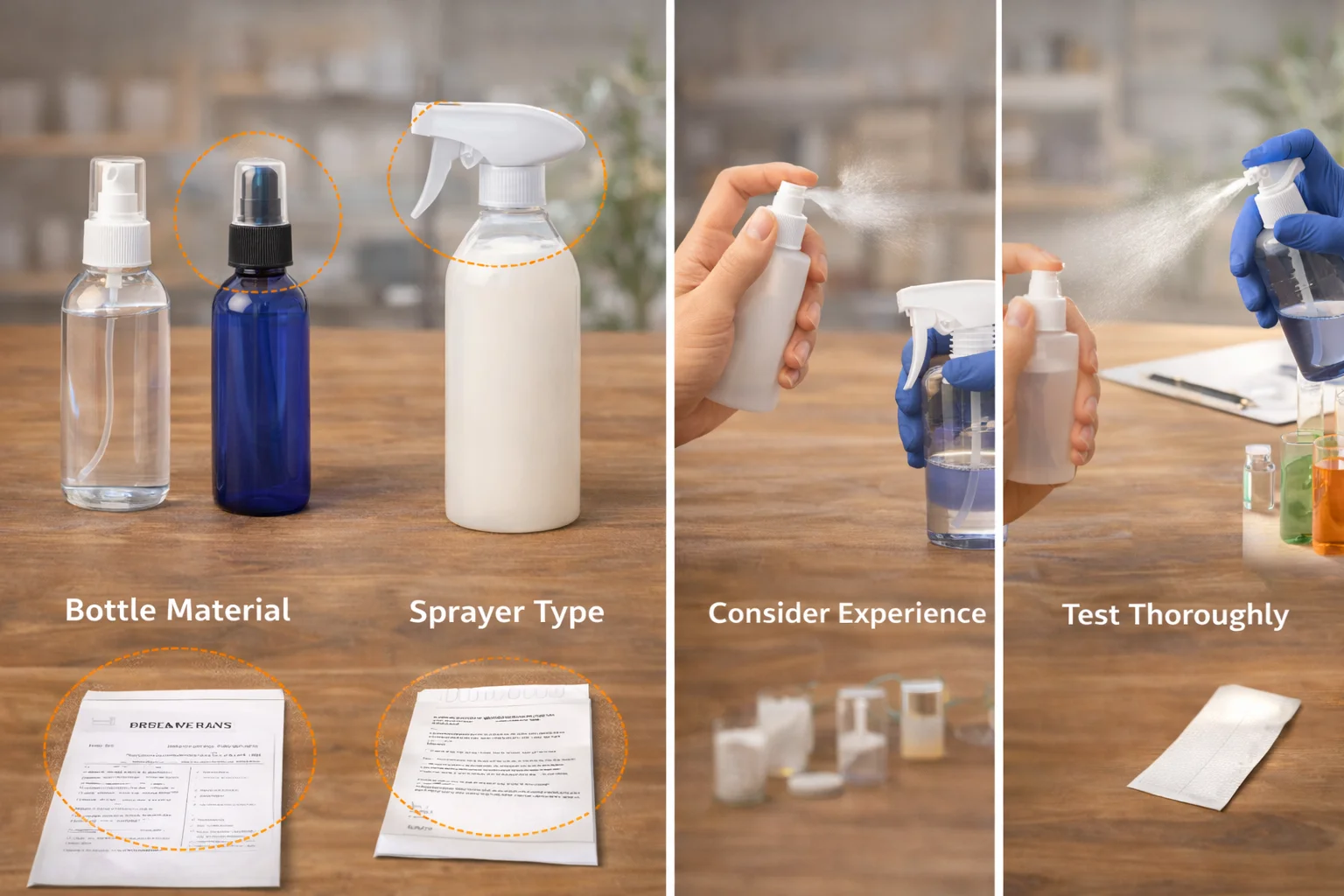 Four-panel image showing spray bottle testing, including bottle material selection, sprayer types, hands spraying bottles, and thorough testing materials.