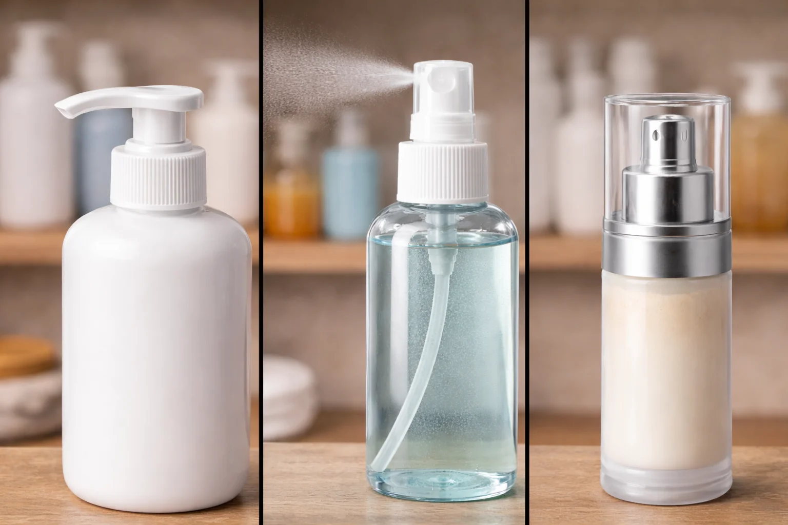 Lotion Pump vs Spray vs Airless Pump Side-by-side comparison of a lotion pump, a sprayer, and an airless pump