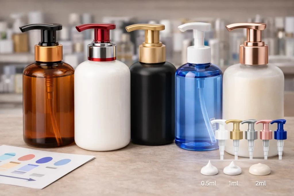 Different styles of dispensing bottles with pump caps in various colors and sizes displayed on a counter.