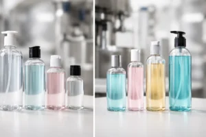 Assorted bottles of various sizes filled with differently colored liquids on a white surface against a blurred background.