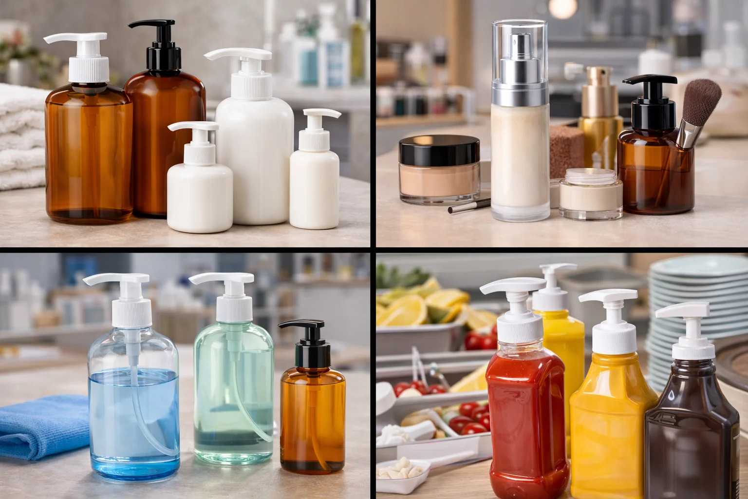 Common Uses for Lotion Pumps Various products that use lotion pumps on a shelf