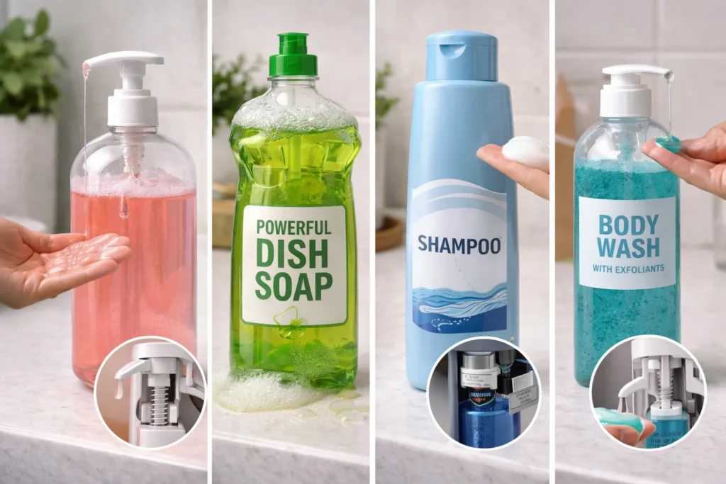 Four soap dispensers displaying dish soap, body wash, shampoo, and another liquid soap with focus on pump mechanisms and textures.